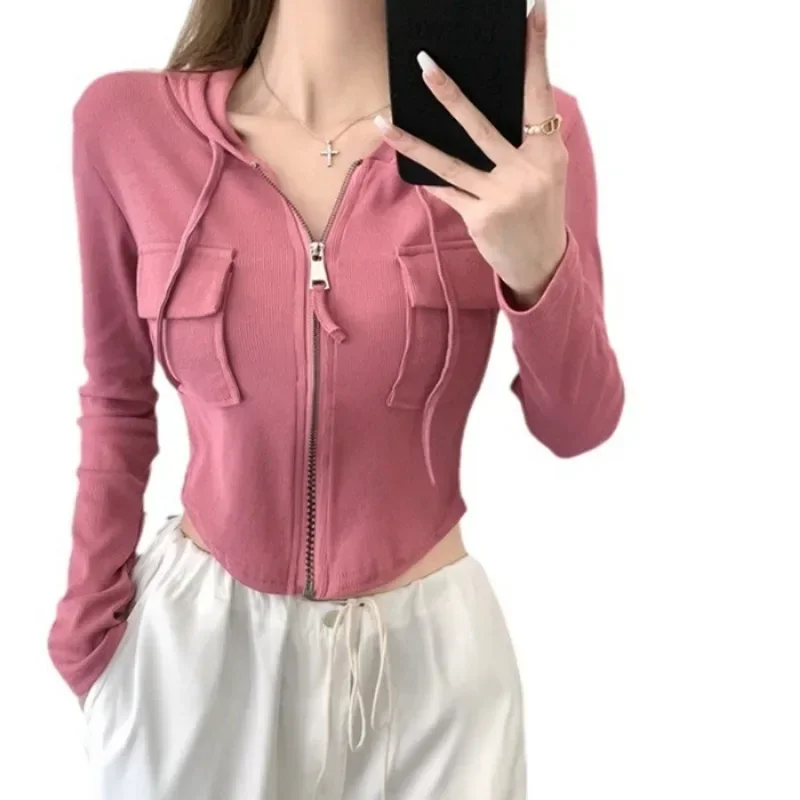 Korean Casual White Hoodies Sweatshirts Simple Style Long Sleeve Zip Up Slim Fit Outerwear Women Spring Spring Streetwear Y2k