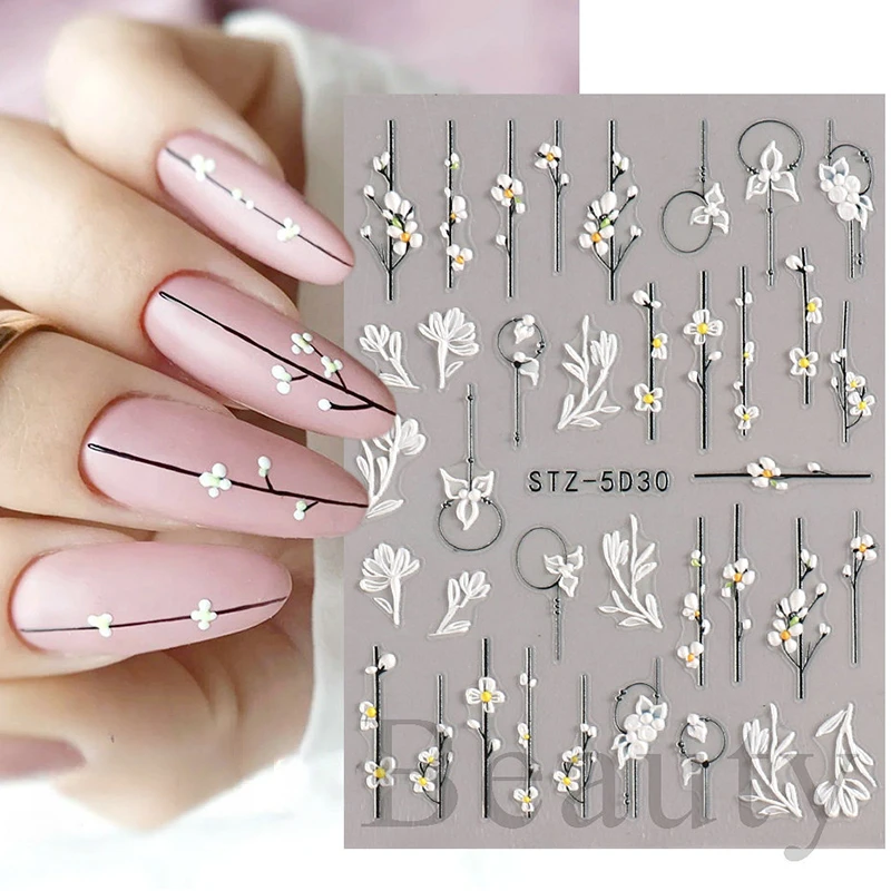 5D Nail Charmsl Stickers Flowers Leaves Self-Adhesive Slider Acrylic Summer Wedding Design Embossed Decals Nail Accessories