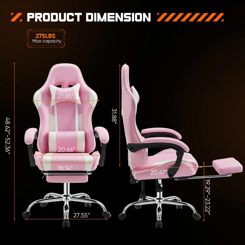 Adult gaming chair, tilt, ergonomic office chair with pedals, lumbar support, headrest