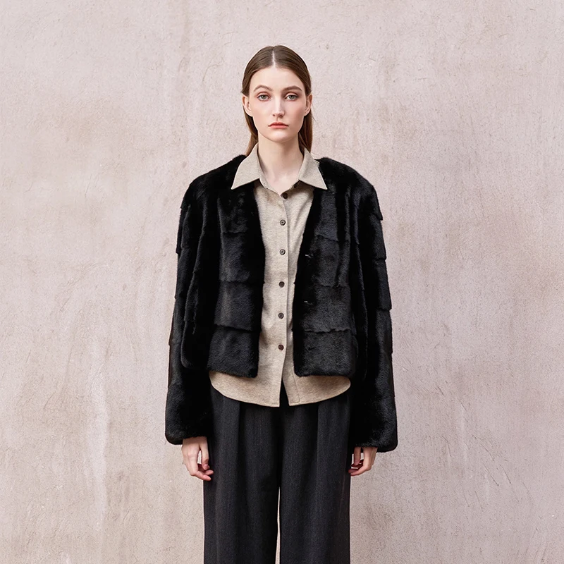 Ftangaiur 겨울 수입 백조 벨벳 밍크 퍼 코트 V넥 심플 스타일 솔리드 밍크 코트 여성용 짧은 천연 리얼 밍크 퍼 코트