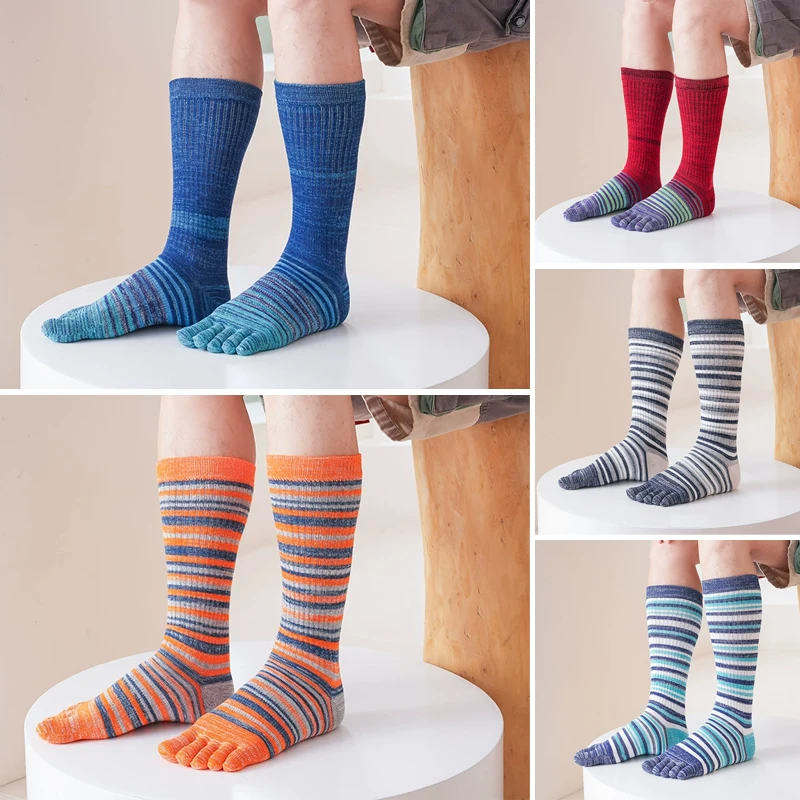 Fünf-Finger-Socken aus gekämmter Baumwolle, Sport, lang, gestreift, Kompression, thermisch, schweißabsorbierend, Fitness, Outdoor, Reisen, Zehensocken für Jungen