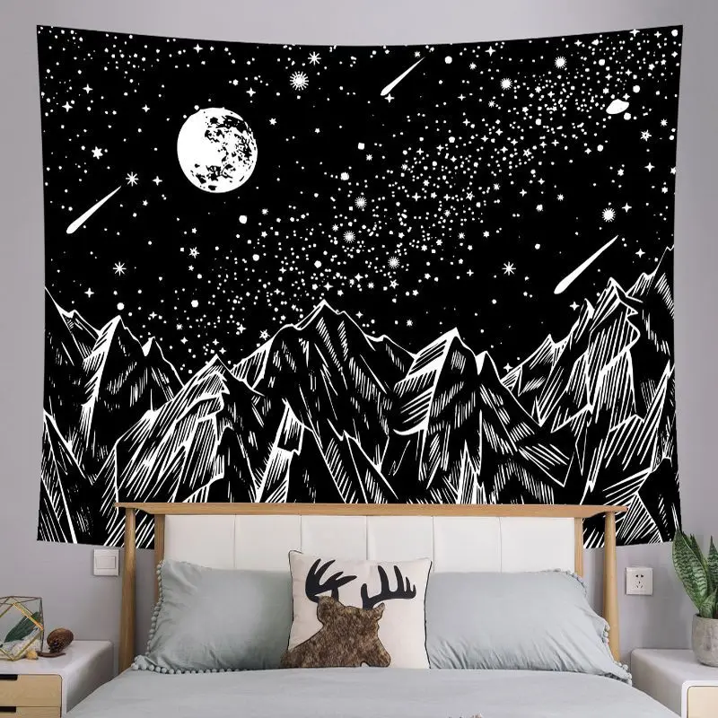 VIKAMA Retro Mountain River Wave Skull Tapestry, Sun Moon Black White Wall Hanging, Aesthetic Bedroom Dorm Decor