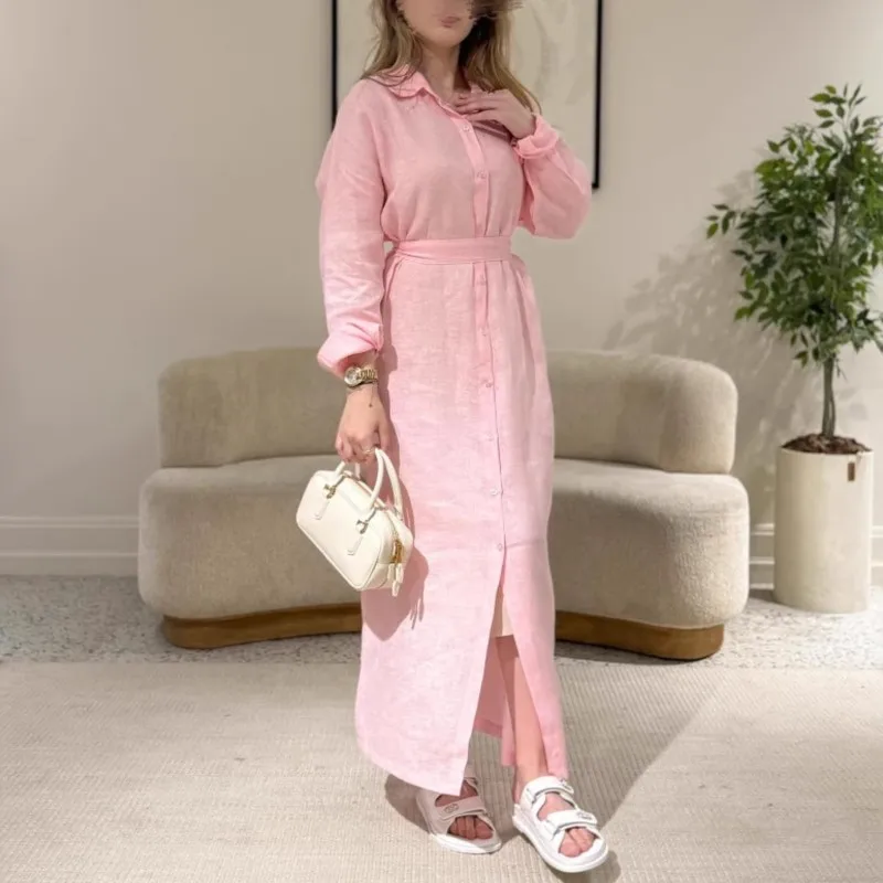 

Women Single Breasted Long Sleeve Shirts Dress Elegant Turn Down Collar Solid Color Tie-up Dress Fashion Casual Commuting Dress