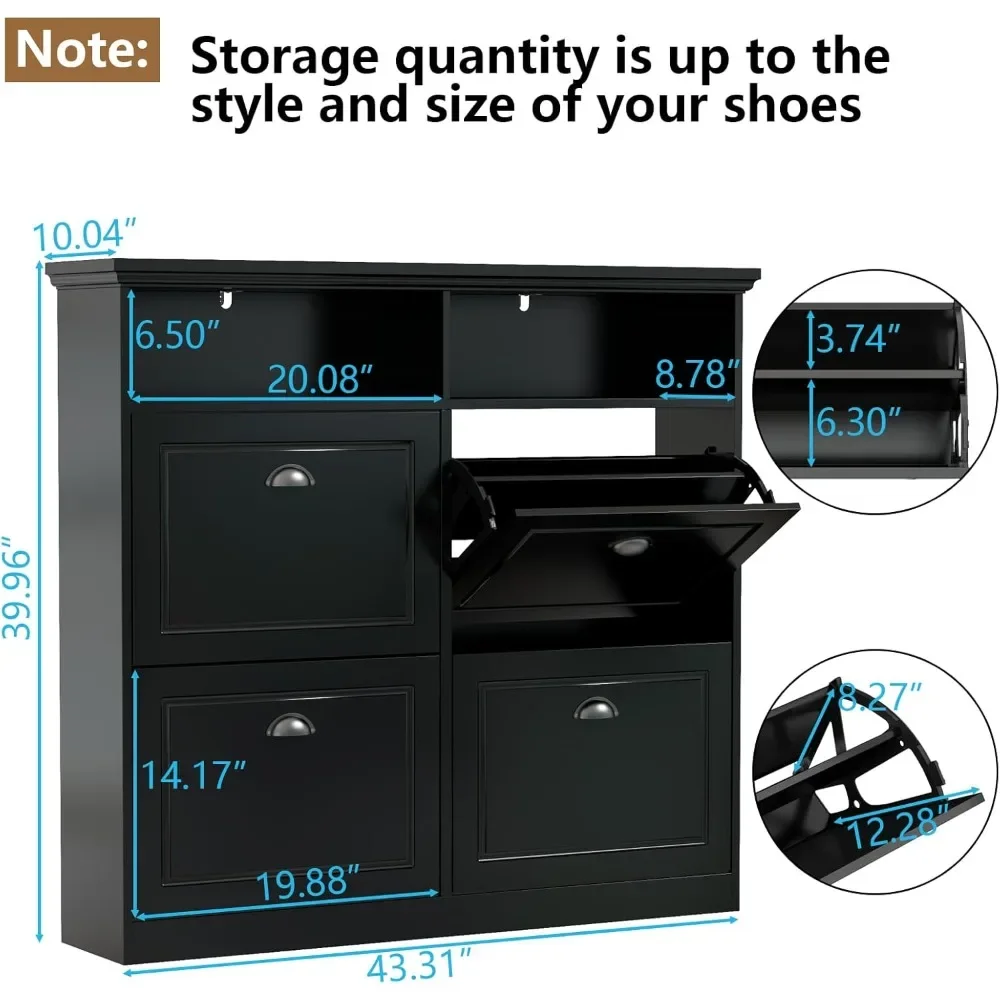 Shoe Cabinet with 4 Flip Drawers, Freestanding Shoe Storage Cabinet with Open Shelves, Hidden Slim Narrow Shoe Rack Cabinet