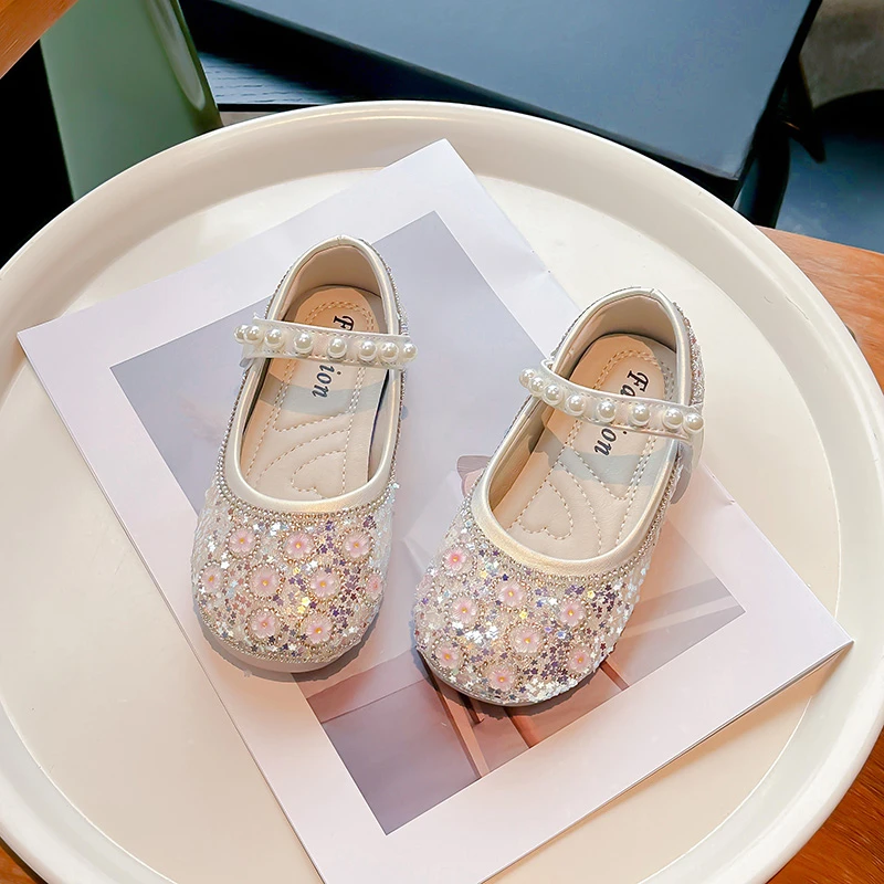 Unishuni Girls Bling Crystal Princess Flats Kids Floral Party Dance Shoes Child Soft Mary Janes Baby Girls Pearl Casual Shoes