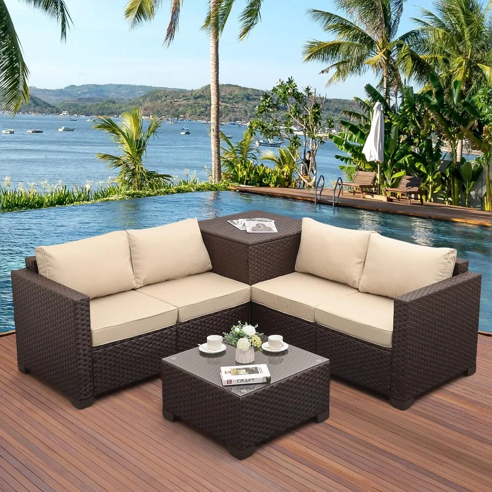 

4 Pieces Patio Furniture Set with Storage Box Table and Cushions, Patio Furniture Set