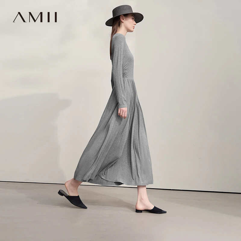 AMII فستان طويل المرأة سليم س الرقبة طويلة الأكمام ثوب أنيق للمرأة 2025 الخريف جديد محبوك ملابس السيدات غير رسمية 12523170