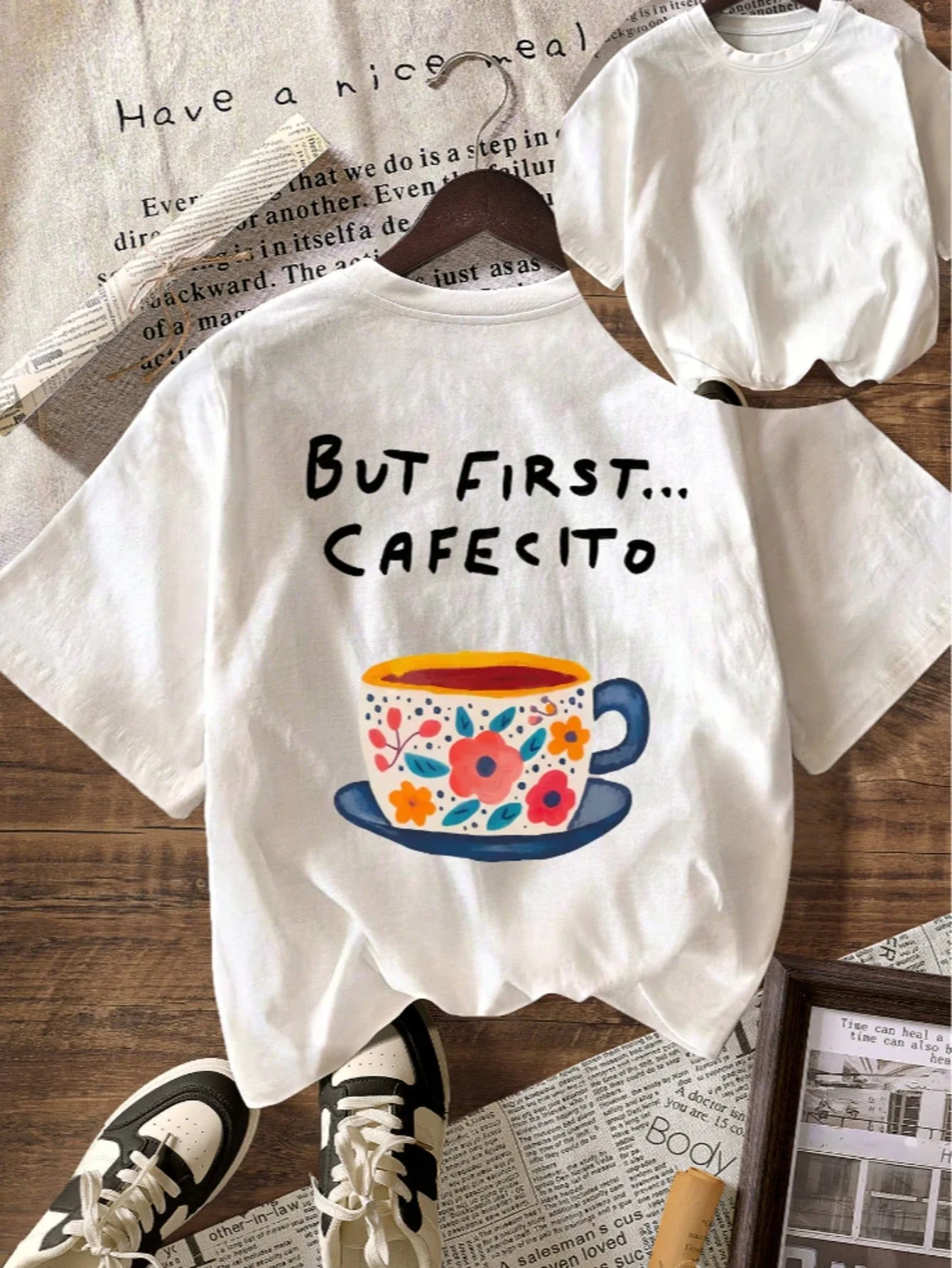 Vintage But First Cafecito Letter Print Women T-shirt Cotton Shirt Casual Casual Graphic Top Crew Neck Short Sleeve Tee Oversize