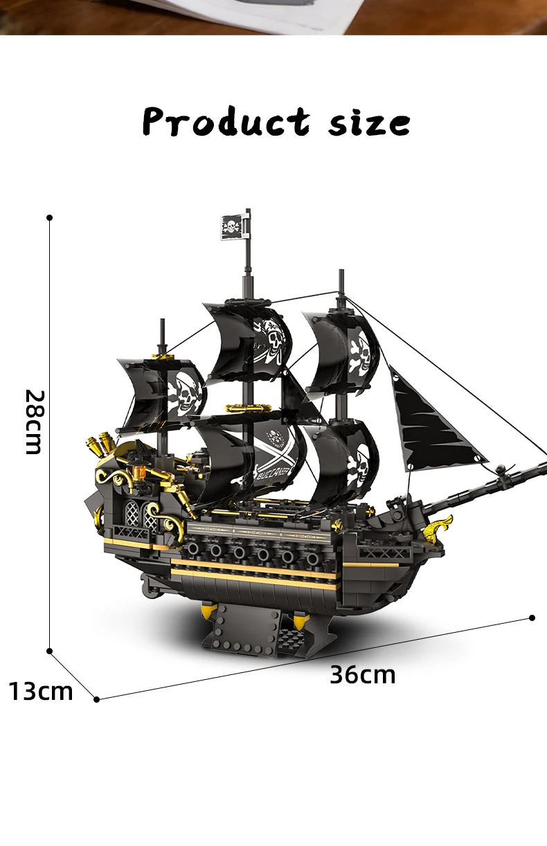Geheimnisvolles Piratenschiff-Bausteinmodell in Schwarz-Gold-Farbschema, 3D-Puzzle-Herausforderung, Sammlerstück Marineschiff, Fördert Kreativität und Fähigkeiten – Detail 6