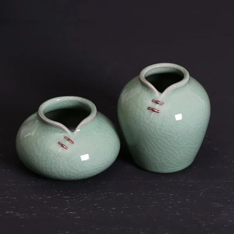 2pcs/set Tang Suit Ceramic Crafts Vase Longquan Celadon Hydroponic Flower Arrgangement Simple Chinese Style Jardiniere Decor