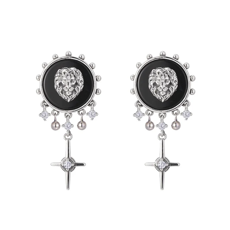 S925 فضة Charms ترصيع أقراط للنساء موضة جديدة النقش الأسد العقيق شرابة الصليب الأذن ترصيع المجوهرات بالجملة
