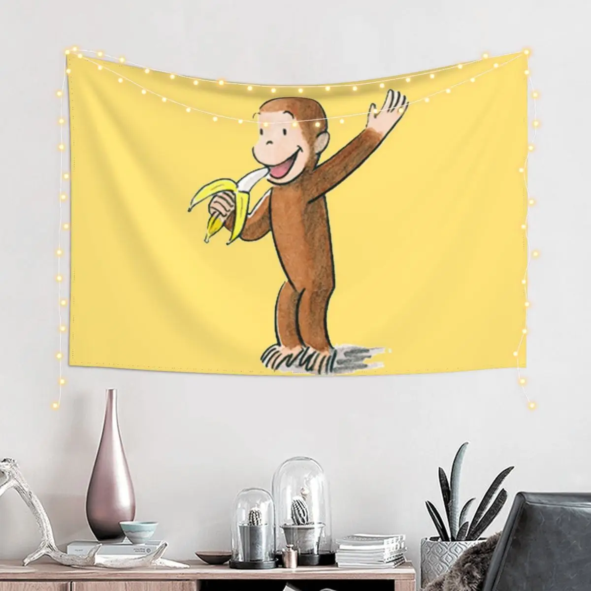 Curious George eating a banana Tapestry Cute Room Things Decoration Aesthetic Decoration Bedroom Tapestry