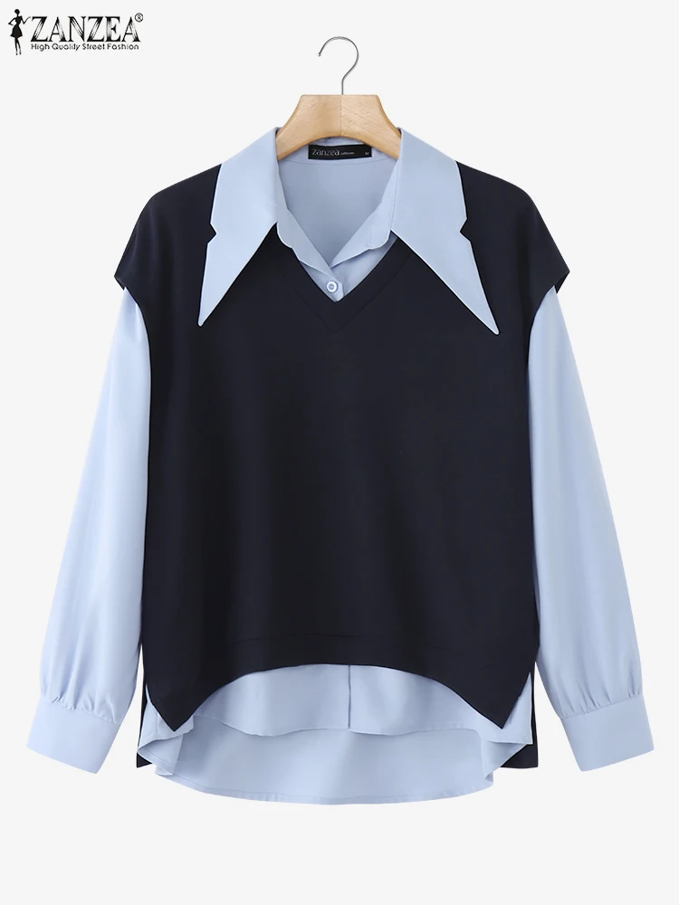 

ZANZEA Women Elegant Office Shirts Fashion Long Sleeve Tops Casual Loose Fake 2pcs Chic Tops Vintage V-neck Vest Lapel Shirts