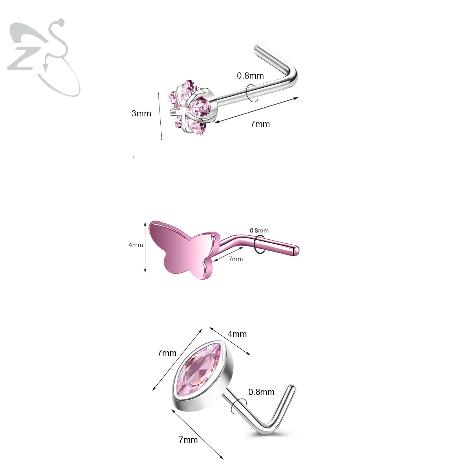 3pcs Stainless Steel Nose Stud Set with Crystals