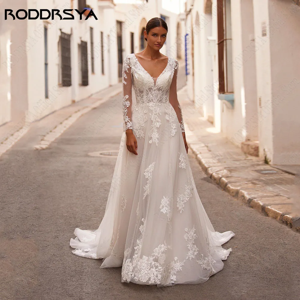 RODDRSYA abiti da sposa senza schienale con scollo a v pizzo maniche lunghe Applique Tulle a-line abiti da sposa abiti su misura De NoviaRODRSYA V-Neck Backless Abiti da sposa Pizzo Maniche Lunghe Applique Tulle A-Line