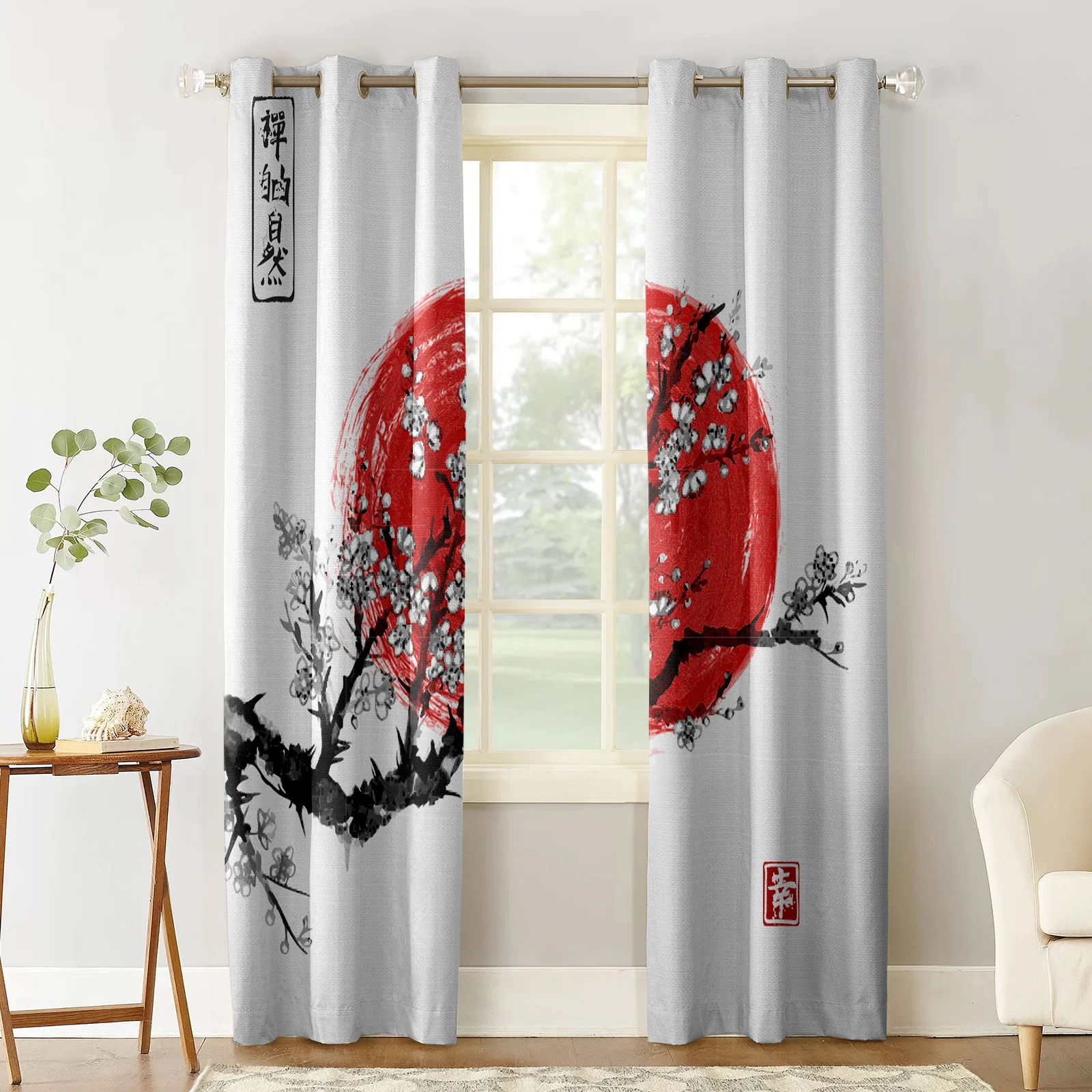 White Plum Sun Chinese Style Ink Painting Japan Curtains Drapes For Living Room Bedroom Kitchen Office Blinds Window Curtain