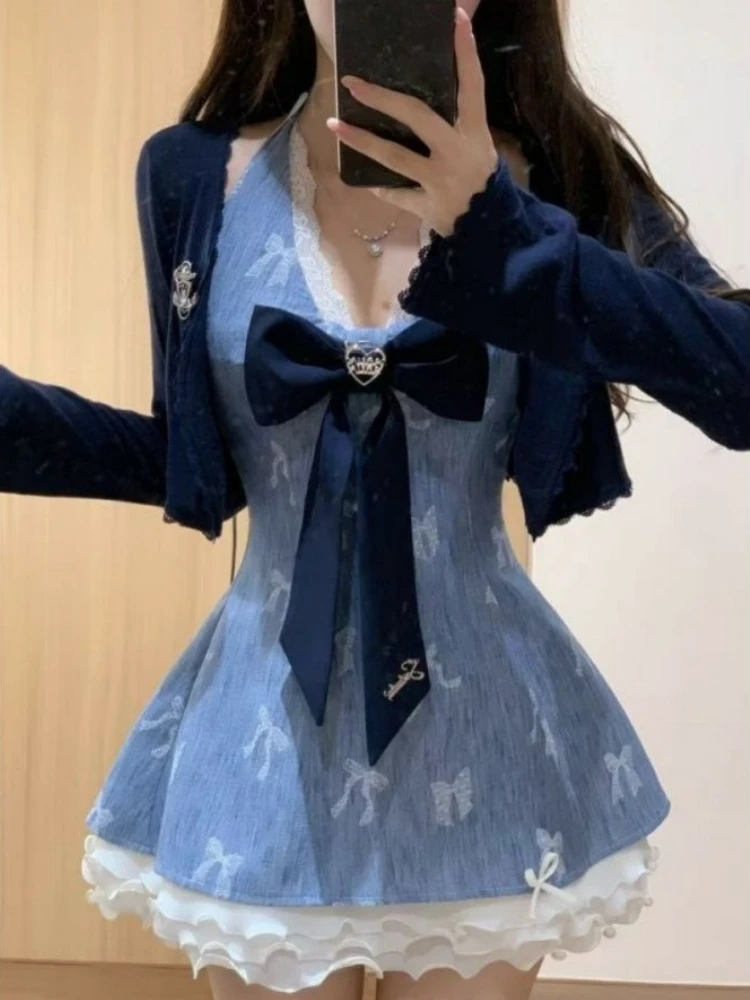 Y2k Ästhetische Retro Süße 2-teiliges Set Frauen Vintage Neckholder Kleid + Langarm Strickjacke Harajuku Chic Koreanische Beliebte Kleidung