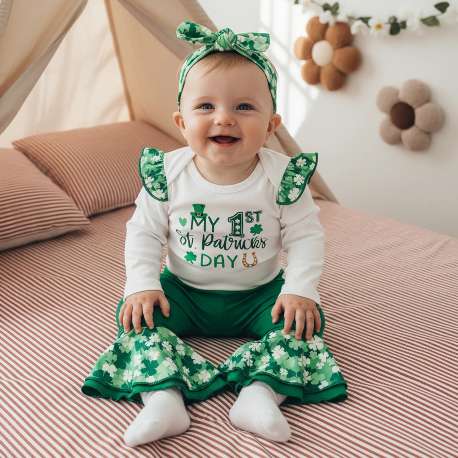 طفل الفتيات ملابس الربيع طويلة الأكمام كشكش رومبير + السراويل مضيئة + مجموعة عصابات رأس الوليد الطفل عيد القديس باتريك زي الملابس #2