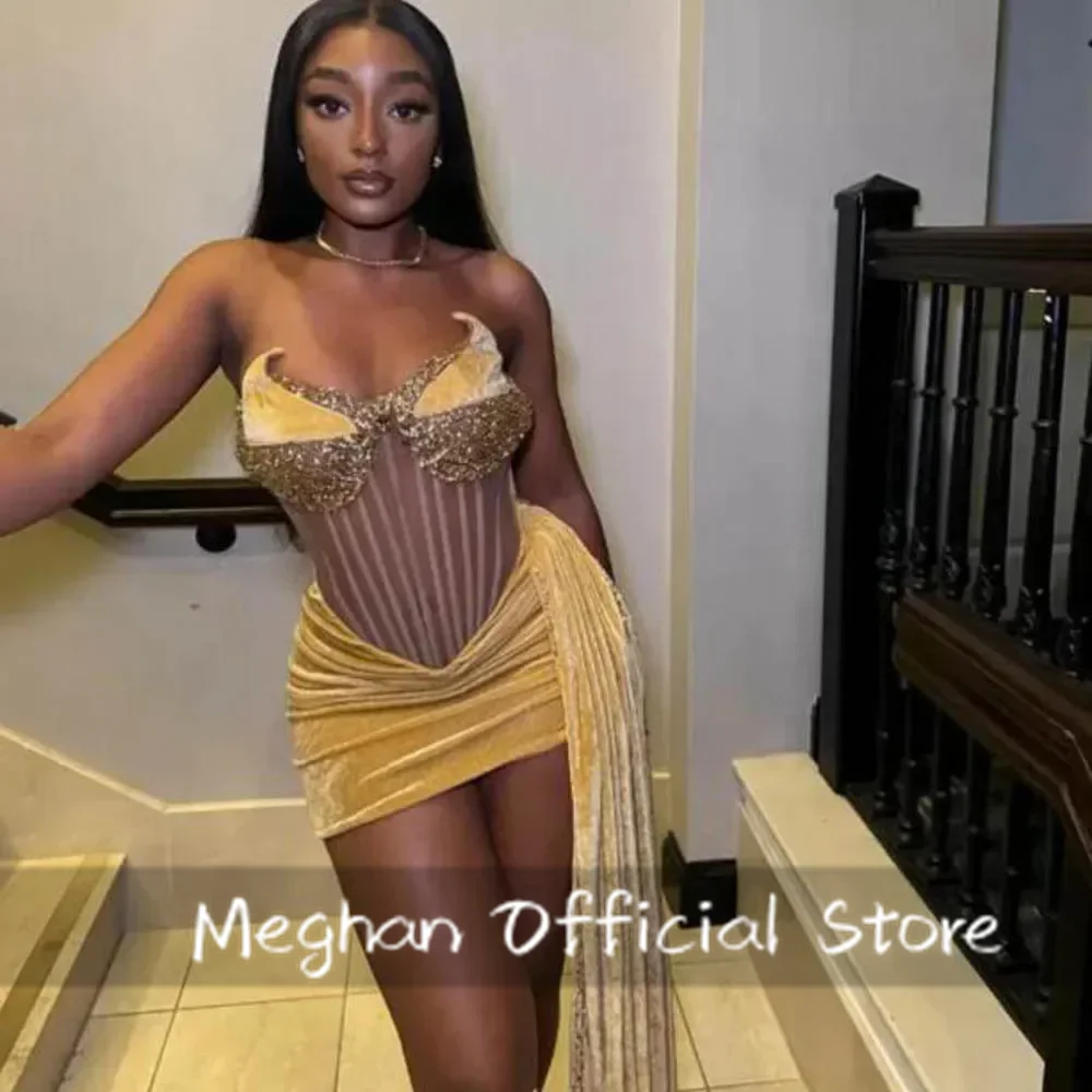

Luxury Gold Velour Prom Party Dresses 2025 Rhinestones Crystal Corset Beads For Black Girls Birthday Cocktail Dress Customized