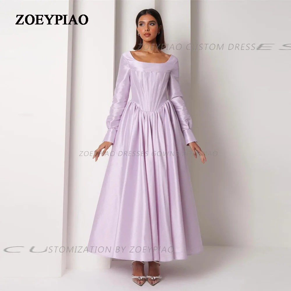 Vestidos de Fiesta de línea A púrpura lavanda, satén sólido sin tirantes, mangas completas, vestidos de graduación de noche, vestido largo Formal para eventos, vestido de celebración