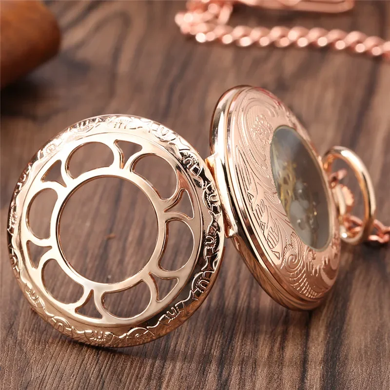 Vintage Hollow Flower Roman Numerals Men Manual Mechanical Pocket Watch Exquisite Pendant Hand-winding Clock with FOB Chain