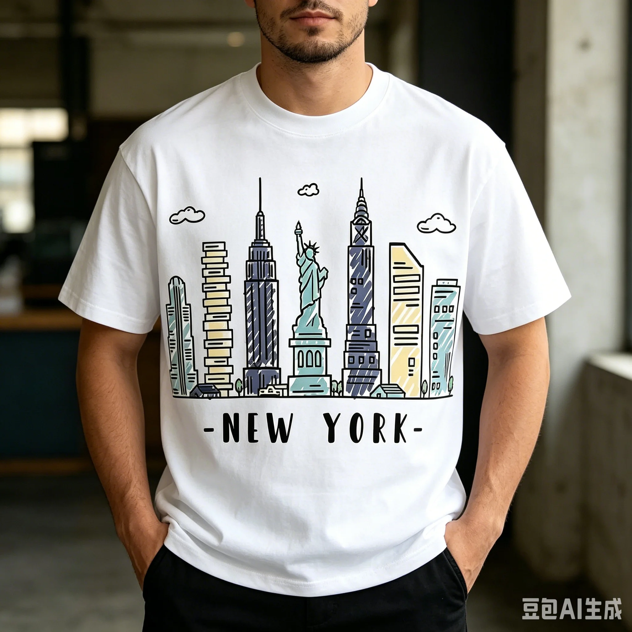 カジュアルなラウンドネックのニューヨーク春夏柄半袖Tシャツ、 - Street Style New York Fashion のレビューと価格