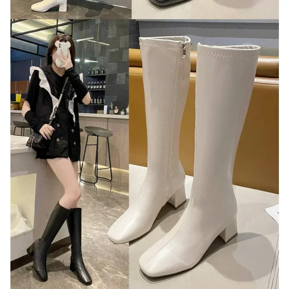 Women Knee High Boots Female Leather Knight Boots Booties Lady High Heels White Autumn Shoes Women