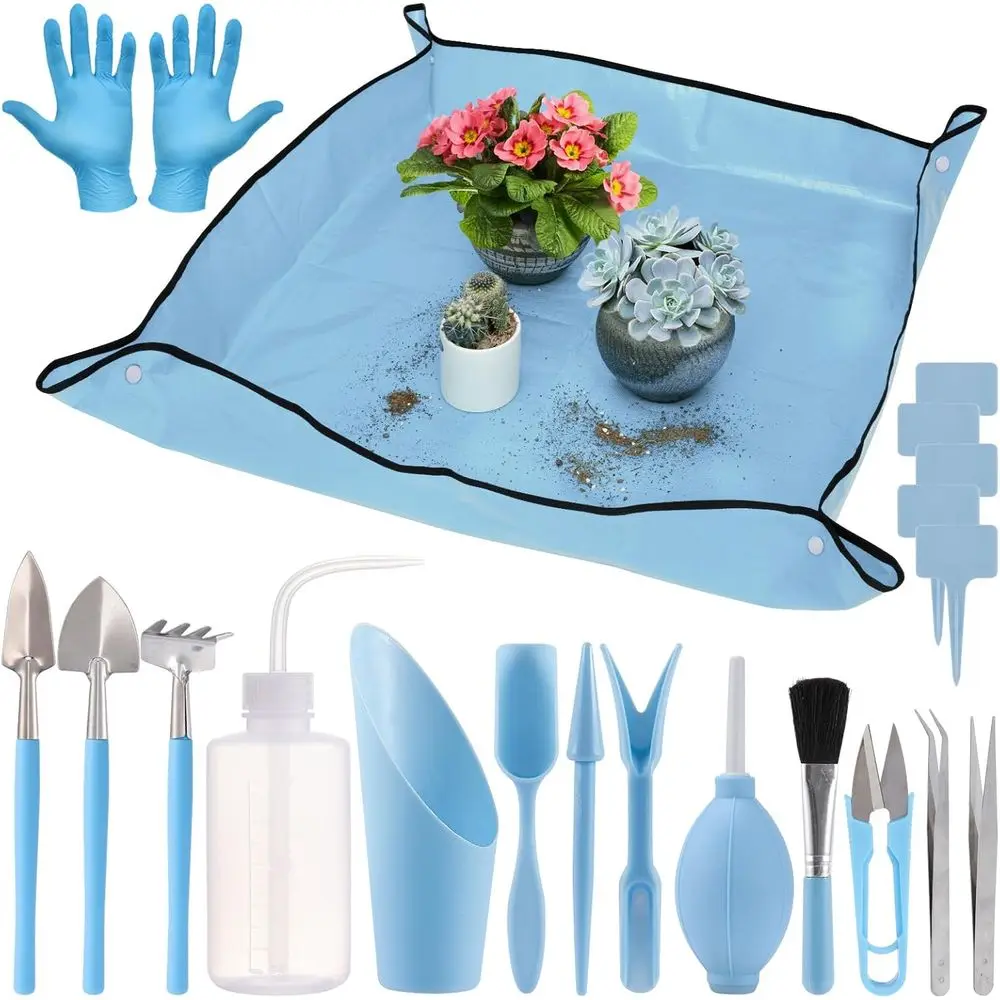 

Beginner's Gardening Tools Set for Women - 20-Piece Hand Tools with Planting Mat, Mini Shovel, Labels, Blue