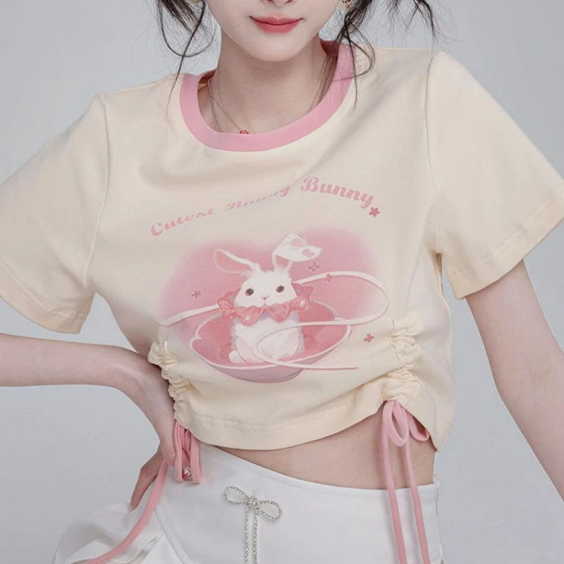 Japanese Sweet Lolita T-Shirts Women Kawaii O Neck Drawstring Design Short Sleeve Crop Tops Girls Y2k Aesthetic Bunny Print Tees