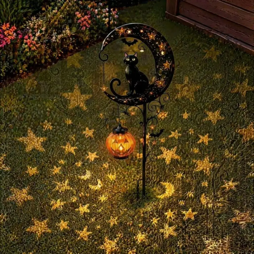 Waterproof Solar Lamp Iron Cat Moon Design Jack-o-lantern Design Solar Garden Lights Auto On/Off Pumpkin Design