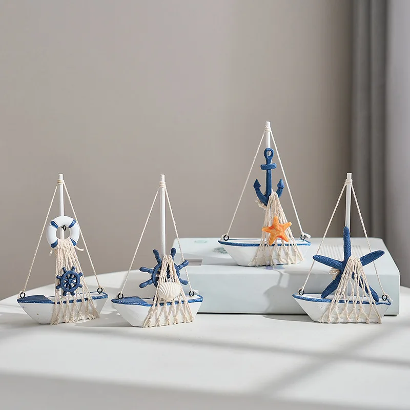 17cm Sailboat Model Wooden Sailing Boat Home Decoration Beach Nautical Design Navy Creative Sculpture Boat Model Crafts