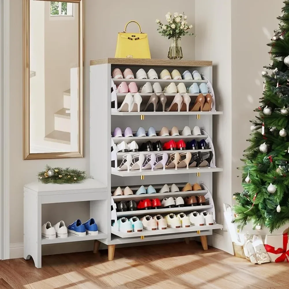 Shoe cabinet with 3 flipped drawers, shoe stool, independent hidden shoe rack storage box, gold metal handle, living room, white