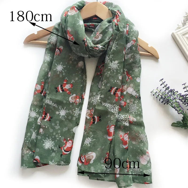 2024 New  Green Christmas Scarf Balinese Yarn Printed Santa Snowman Elk Scarf Production Customization