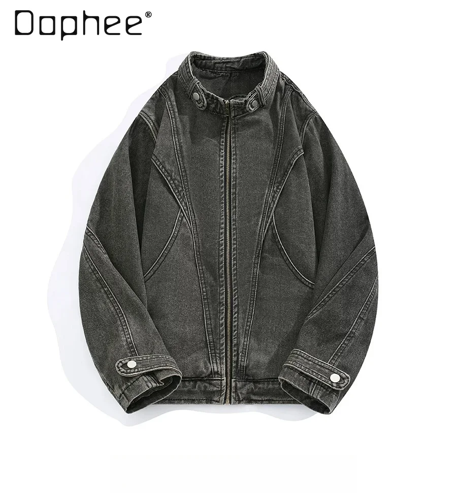 Amercian Retro Washed Black Gray Denim Coat Stand Collar Zipper Front Geometric Stitching Loose Fit Men Streetwear Denim Jacket