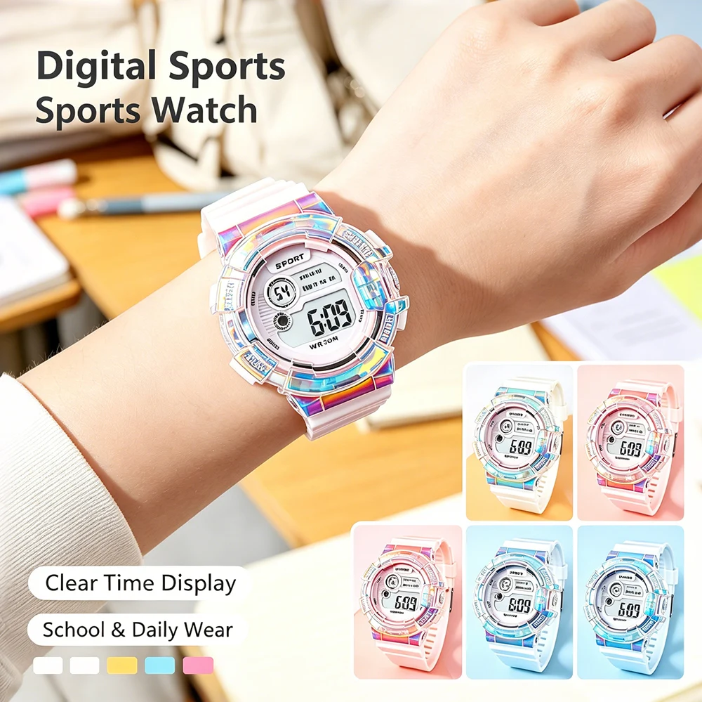 Iridescent Transparent Case Kids Watches for Boys Rubber Strap Sports Multi-functional Student Wristwatch Women Gift