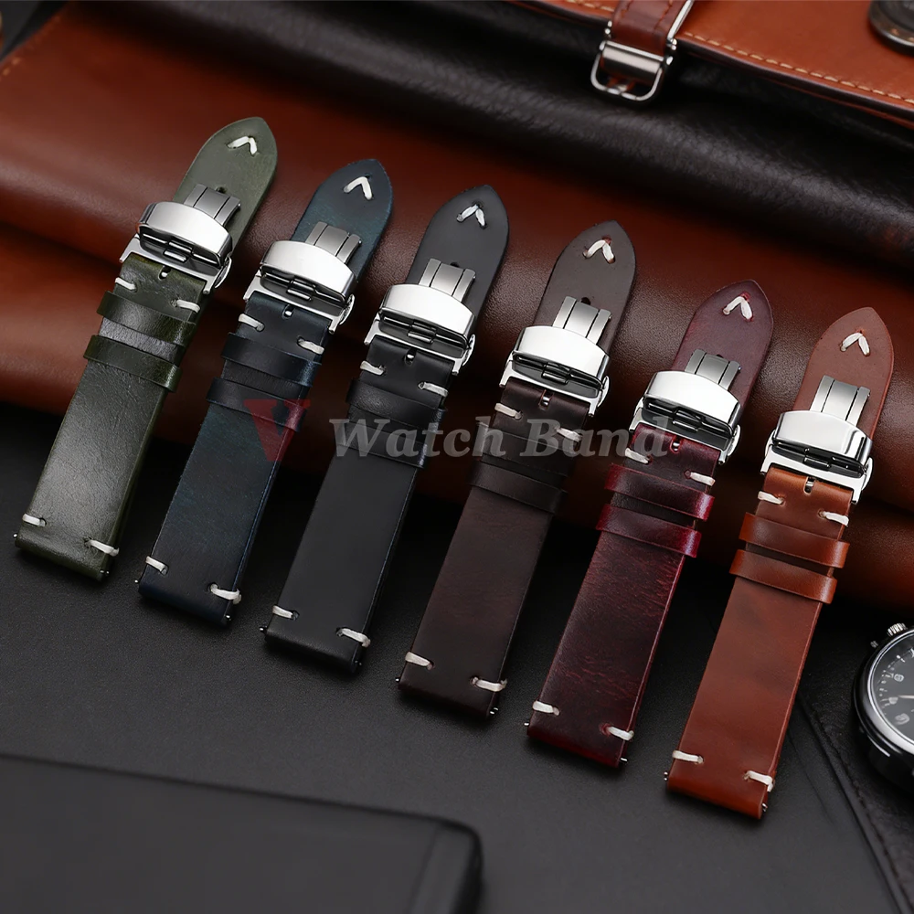 Vintage Oil Wax Leather Watch Band 18mm20mm 22mm Bracelet for Seiko Cowhide Strap for Omega Butterfly Buckle Stitching Watchband