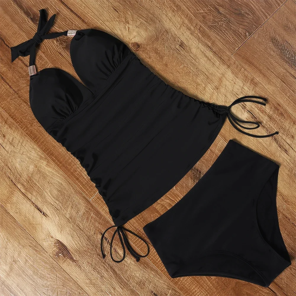 Maillot de bain pour femmes, tankini, taille haute, soutien-gorge push-up, col licou, vêtements de plage, grande taille, 2024