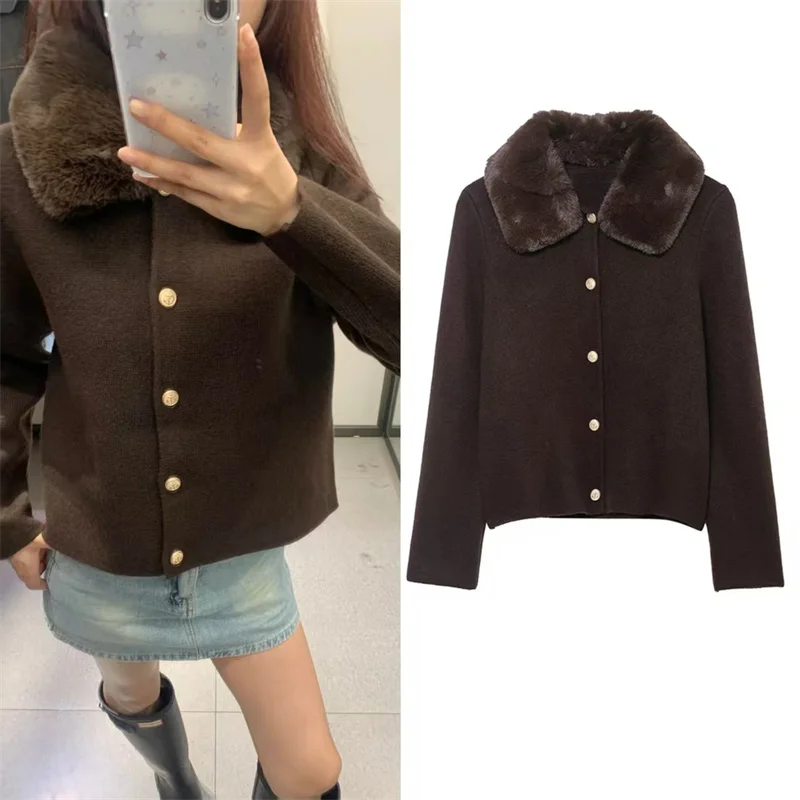 Women's Jacket 2025 Autumn New Style Dark Brown Long-Sleeve Faux Fur Collar Knit Cardigan Jacket Stylish and Elegant