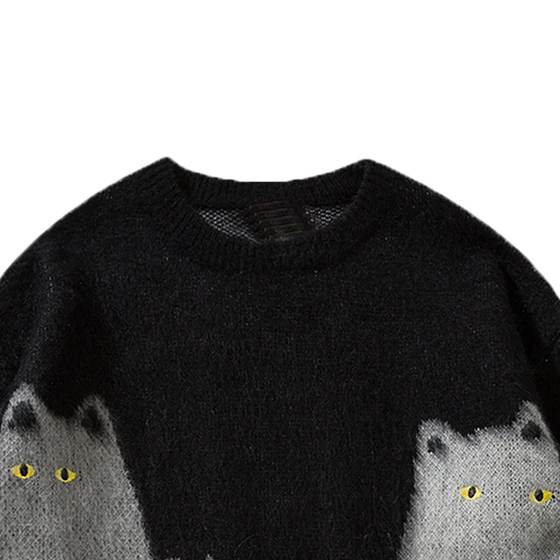 Women\'s New Autumn And Winter Black Cat Sweater Unisex Round Neck Casual Knitted Pullover