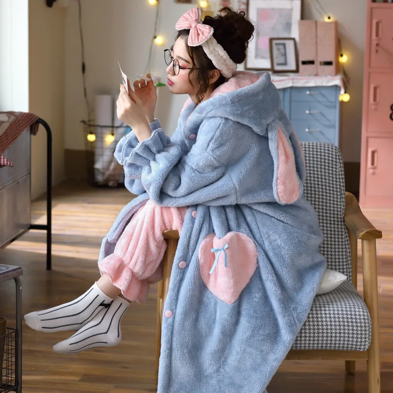 Süße Tier Flanell Pyjamas Sets Winter dicke Nachthemd Anzug mit Hosen Pyjamas Set weiche Fleece Plüsch warme Nachtwäsche Robe Sets