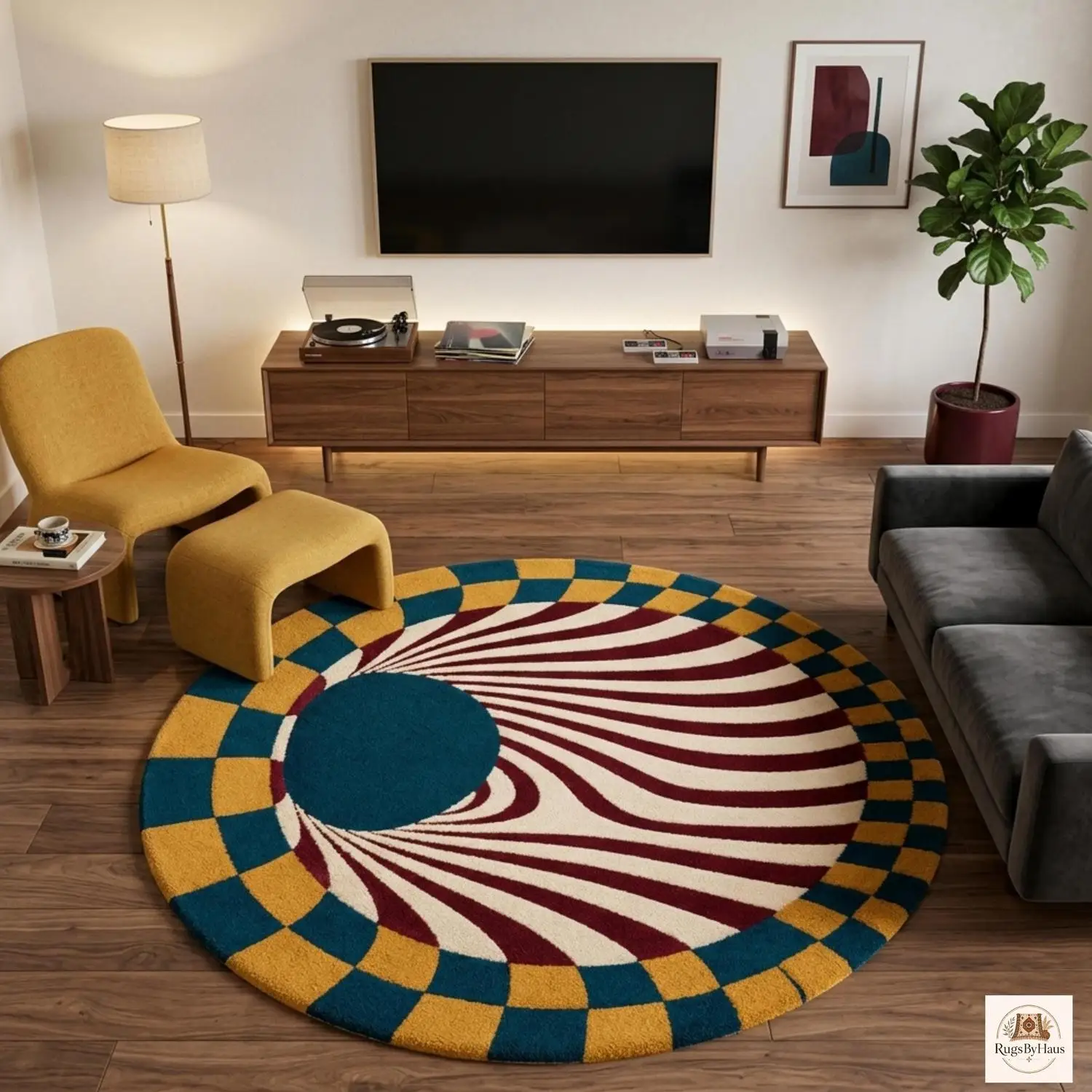 【Room Decorative Carpet】Round Carpet, Mid-Century Modern Abstract Swirl Pattern Carpet