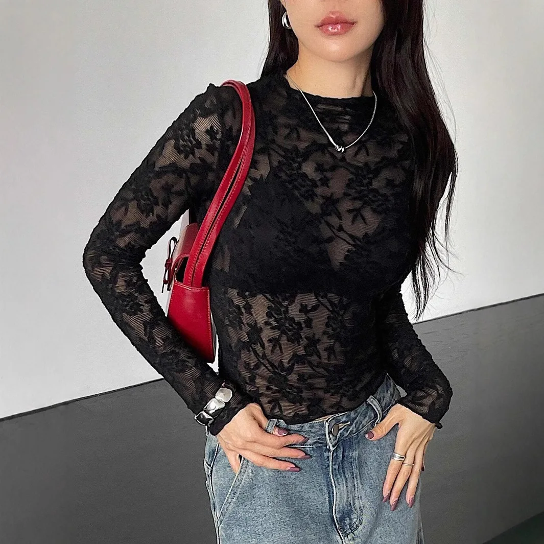 Cross-border 2025 New Small Stand-up Collar Transparent Lace Tight Long-sleeved T-shirt Top Women's Cw01233