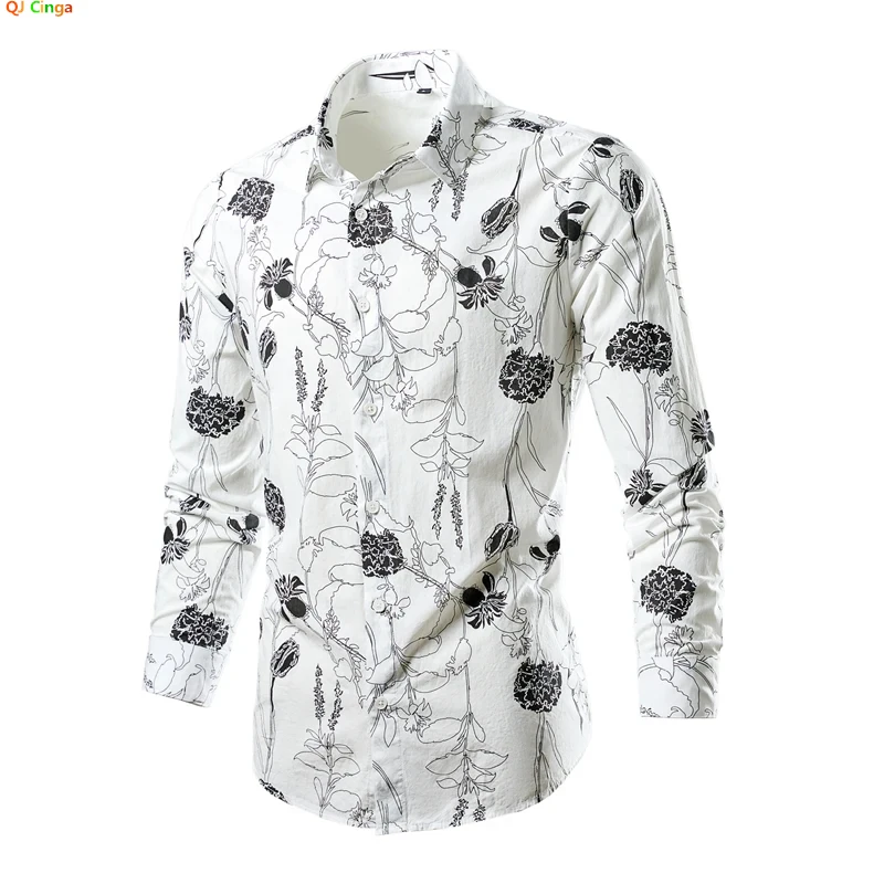 Camisa de algodão de manga comprida masculina, camisas impressas pretas, Single Breasted, blusa de pescoço quadrado, 22 cores para escolher, branco, M-5XL, 6XL