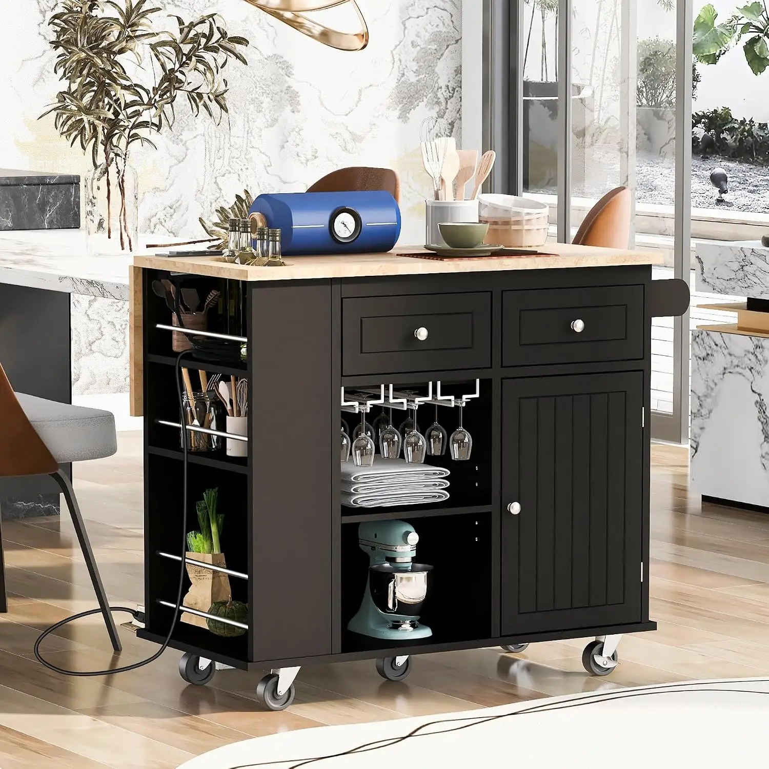 Kitchen Island Cart with Power Outlet, , Wood Top, Lockable Wheels, Wine Rack, Storage, 40