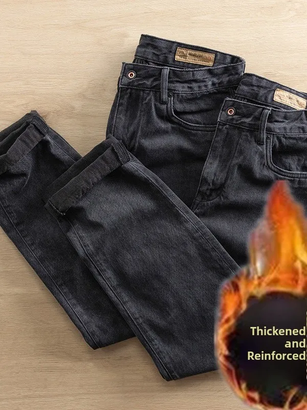 

Thiened Fce Lined Winter Straight Leg Men's Jeans Retro American Sle Warm Wear Resistant Waed Denim Youth Faion