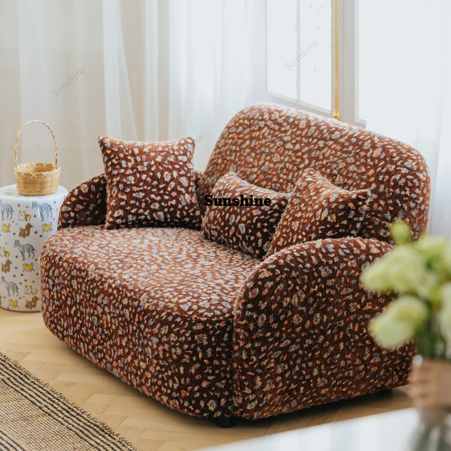 

small apartment fabric living room, brown medieval double sofa