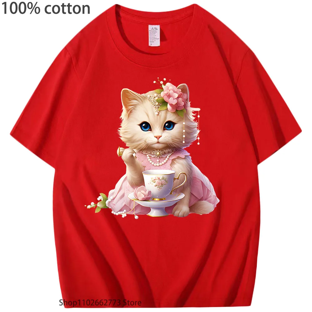 100% Cotton Kawaii Cats Drinking Coffee Tshirt Soft Comfortable Casual Short-sleeved T-Shirts Women/men Fashion for Summer Top