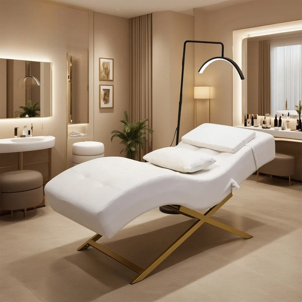 Luxury Modern Design White Curved Velvet Facial Bed Spa Massage Lash Bed for Beauty Salon