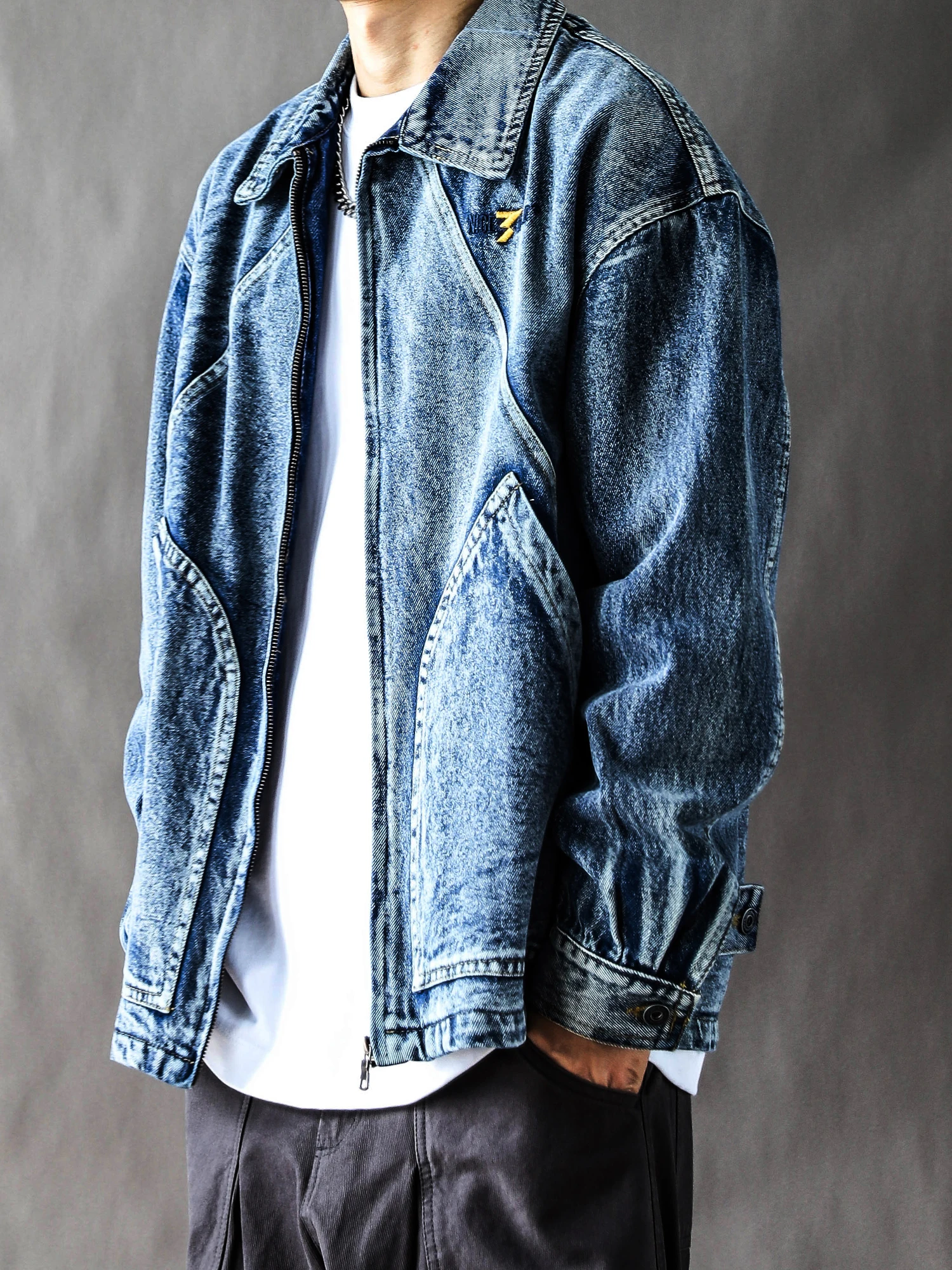 

Loose Fit Spring Autumn Men's Denim Workwear Jaet Casual High Street Sle Deep Blue Coat Youth Cotton Polyester Zipper