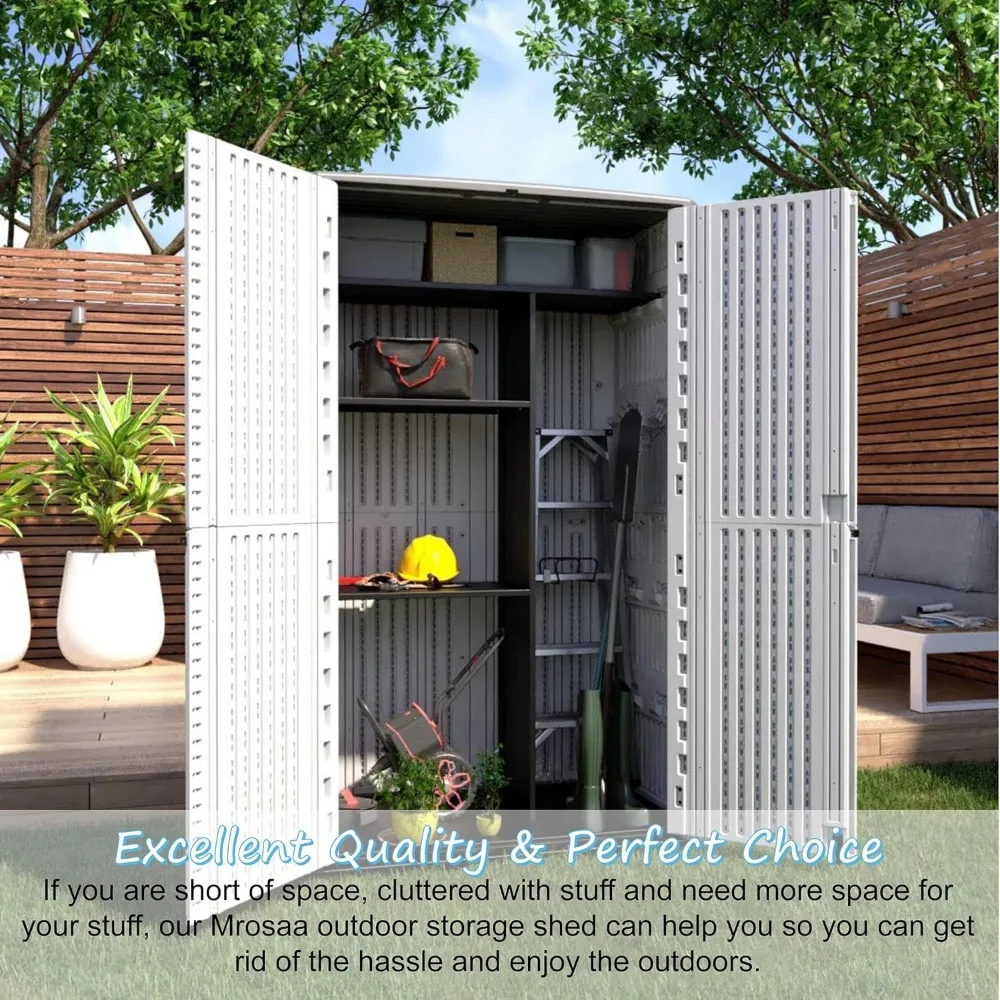 Cobertizo de almacenamiento vertical de resina, gabinete de almacenamiento exterior de 52 pies cúbicos impermeable para jardín/patio/hogar/piscina, estantes personalizados